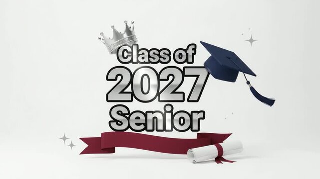 Graduation text featuring the class of 2027 displays a metallic crown and a scholarly cap alongside a scroll to celebrate the upcoming academic achievement of a high school or college senior student.