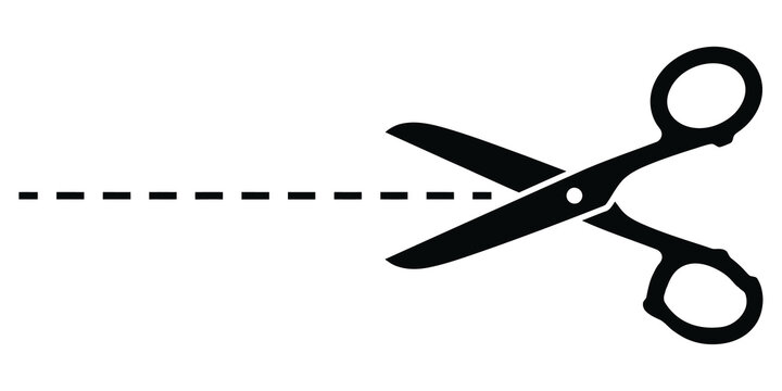 Black scissors icon with a dotted cut line showing a cutting motion scissor icon design element paper cut black shape