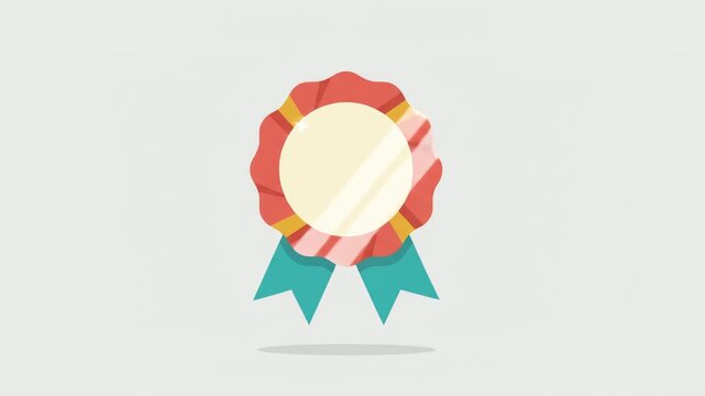 Award ribbon featuring a circular red and white scalloped design with teal streamers sits perfectly centered against a clean light gray background to represent achievement and quality excellence.
