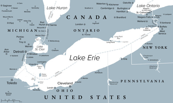 Lake Erie, one of five Great Lakes in North America, gray political map. Situated between the Canadian province of Ontario, and the U.S. states of Michigan, Ohio, Pennsylvania, and New York. Vector