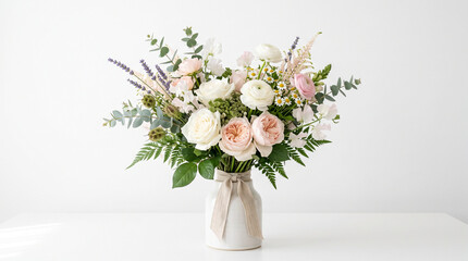 Fototapeta premium Vibrant bouquet of white, pink, and purple flowers in a rustic ceramic vase on a clean white surface