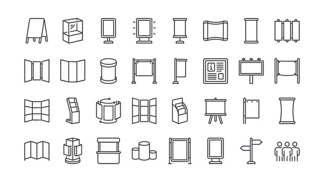 Set of thin line icons representing exhibition displays and advertising structures