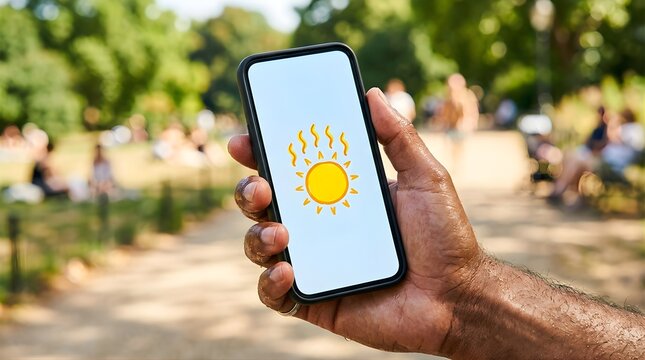 Person holding smartphone with sun icon displayed in a sunny park