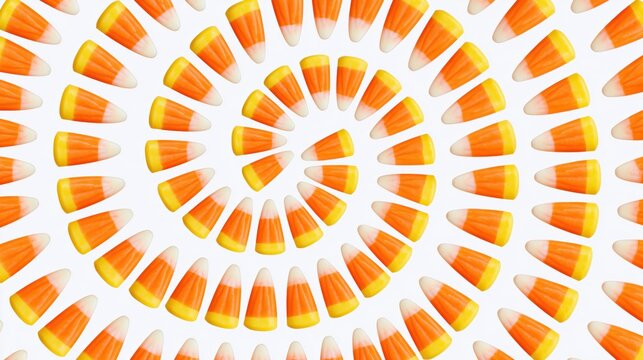 Candy corn arranged in a spiral pattern on a white background