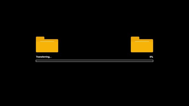 File transfer progress bar animation with folders moving data on a black background