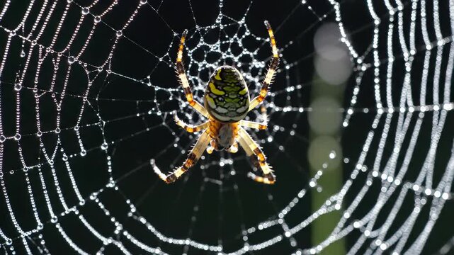 Close-up of yellow and black wasp spider sitting on cobweb with dew drops in sunlight against dark blurred nature background, concept of wildlife macro photography