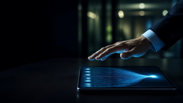 Business professional using advanced tablet interface with glowing data visualization and AI analytics
