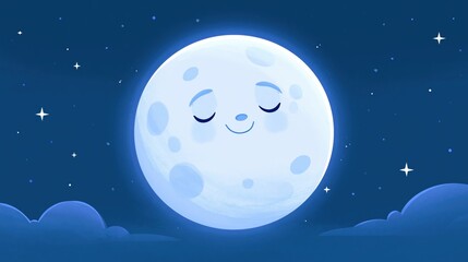 Fototapeta premium Cute smiling moon character with closed eyes in a starry night sky