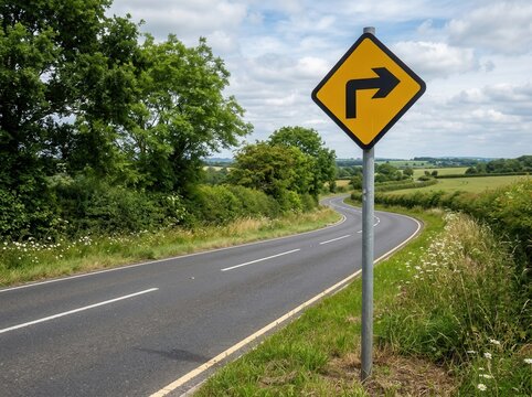 Rural Road With A Sharp Turn Warning Sign On A Sunny Day