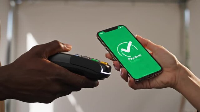 A person makes a contactless payment using their smartphone at a POS terminal. The phone screen turns green with a white checkmark, indicating the transaction is successfully approved.