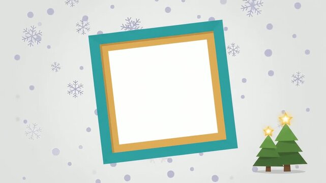 Frame presents a festive seasonal border decorated with stylized pine trees and falling snowflakes that provides a clean central area for customized holiday greetings and winter event messaging.