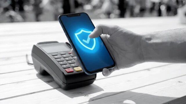 A hand holds a smartphone with a glowing blue shield icon over a POS terminal to complete a secure contactless payment on a wooden outdoor table.