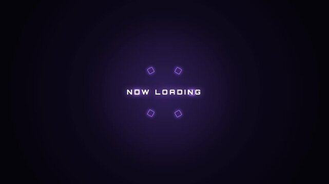 A futuristic purple loading screen features a rotating circle of glowing squares around the text 'NOW LOADING,' set against a dark, atmospheric backdrop.