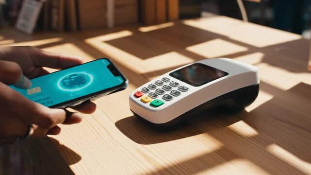 A person makes a contactless payment using a smartphone on a POS terminal, set on a wooden table with dramatic window shadows during a sunny day.