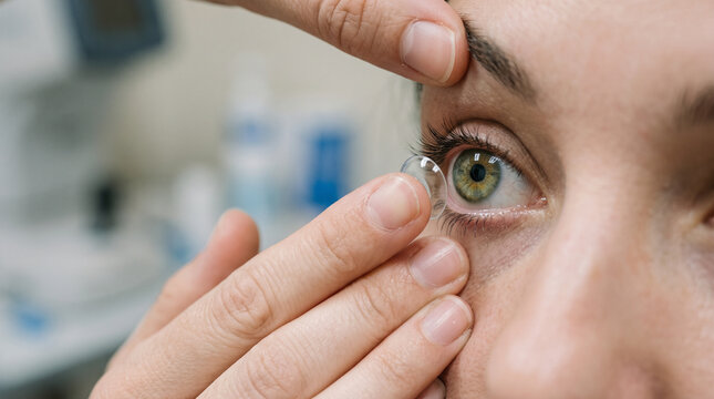 Close up portrait of young woman's face showing bright green eye while fingers gently touch temple in a softly lit indoor setting