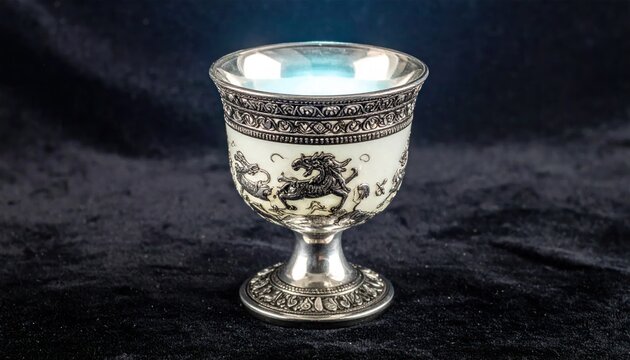 Antique ornate silver chalice with decorative animal engravings
