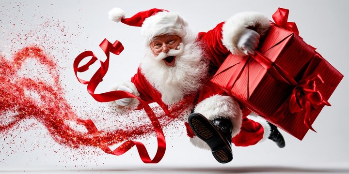 Joyful Santa Claus in red suit flying with gifts, surrounded by sparkling red glitter and ribbons, festive holiday spirit, bright white background.