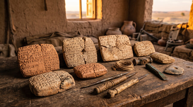Collection of ancient weathered clay tablets inscribed with cuneiform script resting on rustic wooden surface in a sunlit desert setting