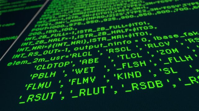 PC画面に緑色のプログラミングのコードが打ち込まれていくAIイメージ背景