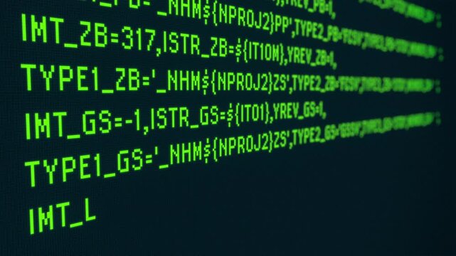 PC画面に緑色のプログラミングのコードが打ち込まれていくAIイメージ背景