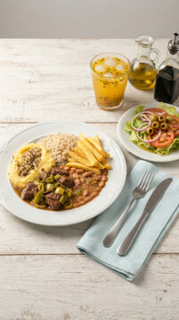 picadinho de fil&eacute; mignon com arroz, feij&atilde;o, pur&ecirc; de mandioquinha com chia, batata frita, salada e suco de maracuj&aacute; em mesa de madeira r&uacute;stica branca