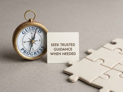 Conceptual image featuring a vintage brass compass with 'Guided Progress' printed on the dial, a note reading 'Seek Trusted Guidance When Needed,' and jigsaw puzzle pieces on gray background.
