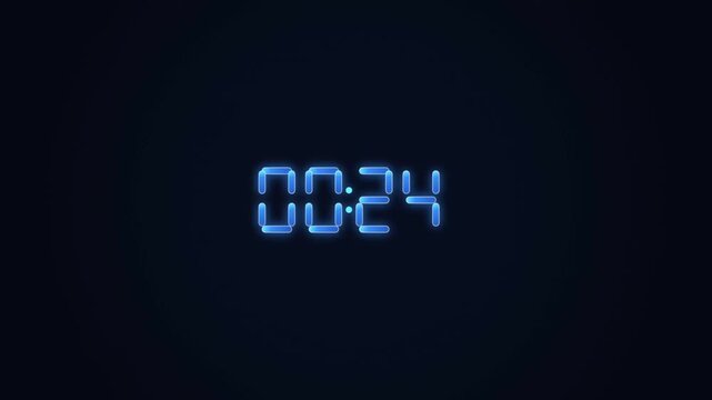Digital countdown timer with glowing blue neon numbers against a dark background
