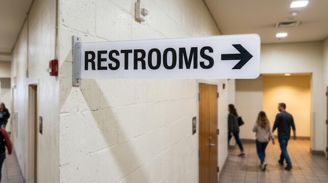 Restroom Signage In Public Hallway With People Walking
