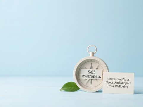 Conceptual still life featuring a white compass with a self awareness label, a green leaf, and a note about understanding needs and supporting wellbeing on a light blue surface.