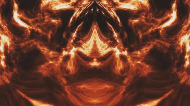 Dynamic mirrored plasma flames pulsing with intense heat. Abstract fiery Rorschach pattern perfect for mystical, dramatic, or energetic visual backgrounds.