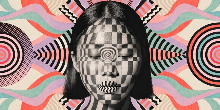 Abstract surreal portrait of a woman with geometric patterns and optical illusion background showcasing psychedelic and hypnotic art design
