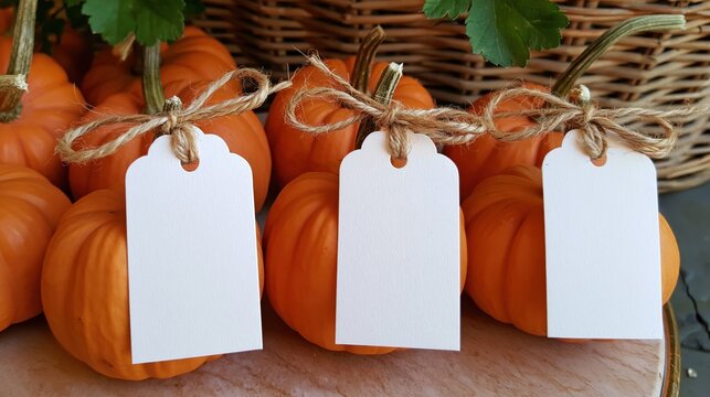 Miniature pumpkins adorned with blank gift tags tied with twine for autumn