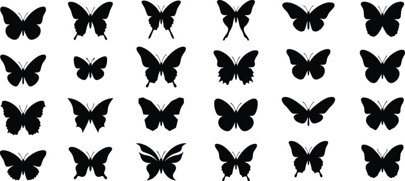 Set of black butterfly silhouettes in various shapes and sizes for design projects isolated on transparent background, Vector