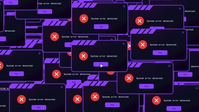 Cybersecurity system error alert windows popup on alpha channel, digital glitch, purple tech alert