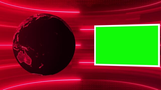 Digital Red Earth globe rotating animation, News background seamless loop, breaking news studio background.  virtual news studio green screen background. Breaking News Template intro for TV. 4k
