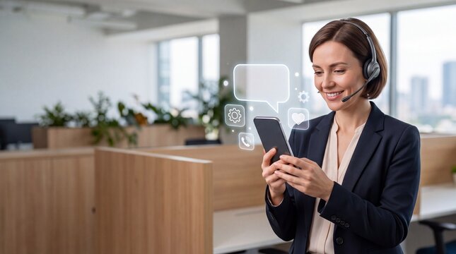 Smiling customer support agent using smartphone with digital icons