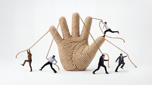 Giant rope hand controlling miniature business people through tangled strings. Concept of micromanagement, employee control and organizational pressure.
