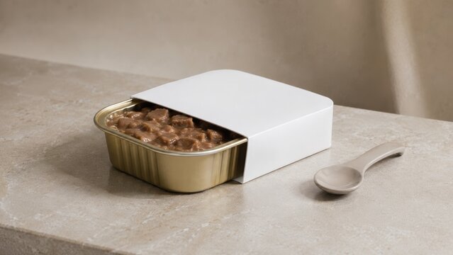 square gold tin can filled with chunky wet pet food with blank white paper sleeve and beige spoon on stone surface
