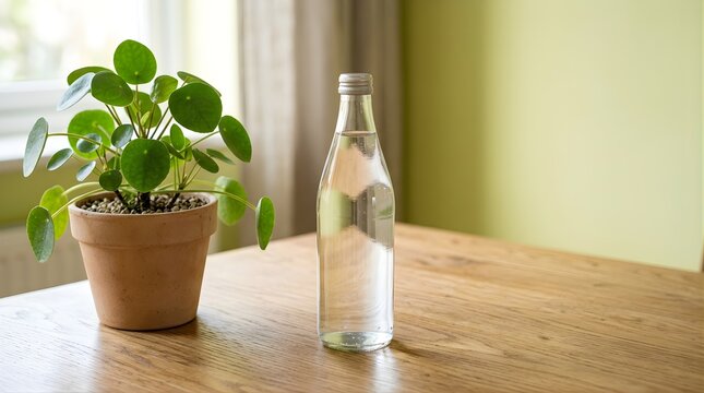 Clear glass bottle of water on a wooden table beside a green plant