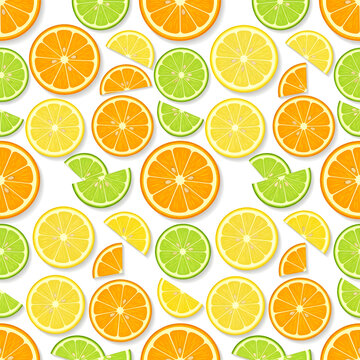 Seamless pattern with fresh orange lemon and lime slices vector illustration, vibrant citrus fruit background for wrapping paper textile