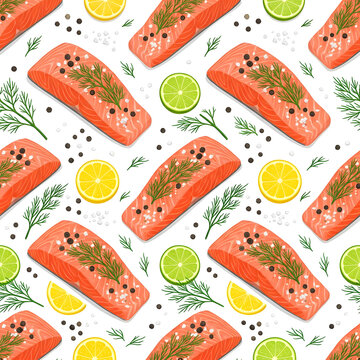 Raw salmon fillets seasoned with dill sprigs peppercorns sea salt crystals lemon and lime slices seamless pattern vector illustration