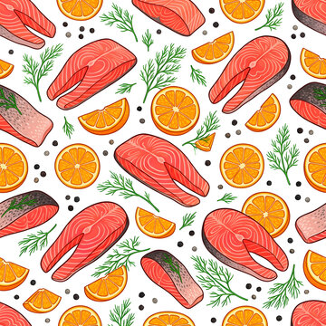 Raw salmon steaks and orange slices seamless pattern vector illustration, fresh fish fillet with orange citrus dill sprigs and peppercorns