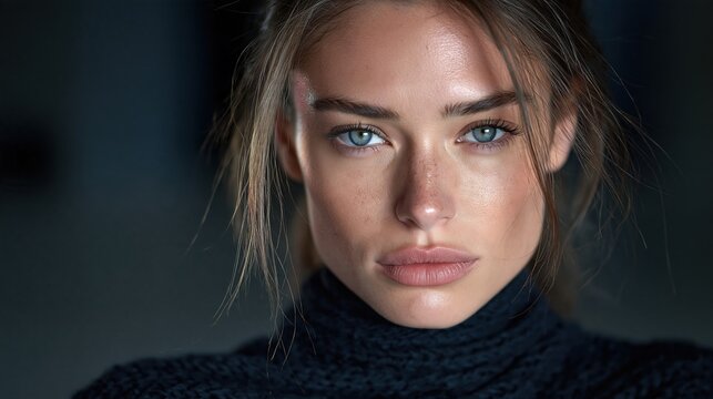 Portrait rapproch&eacute; d'une jeune femme aux yeux bleus au regard intense et p&eacute;n&eacute;trant