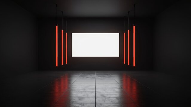 Empty dark room with blank white screen and vertical red neon lights