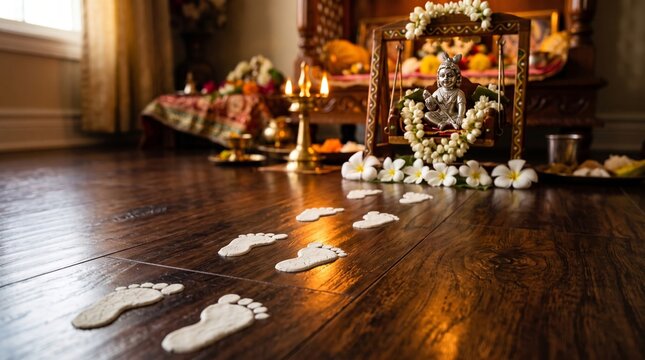 Hindu festival celebration with rice flour footprints and krishna idol in prayer room