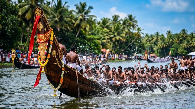 Traditional snake boat race in kerala backwaters with men rowing in unity