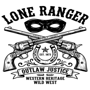Lone ranger western emblem with eye mask horseshoe and revolvers crossed revolvers outlaw justice western heritage wild west cowboy graphic vintage badge old west black and white tshirt print