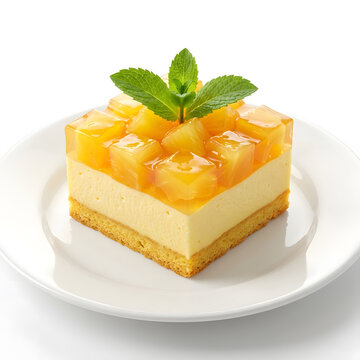 Square pineapple cheesecake slice topped with diced pineapple jelly and fresh mint sprig on ceramic plate isolated on white background studio shot