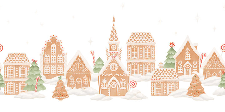 Christmas Winter Gingerbread Village with Church, Candy Canes and Snowy Houses, Vector Holiday Landscape