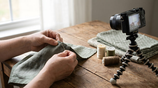 Hands Stitching Linen Cloth on Wooden Table